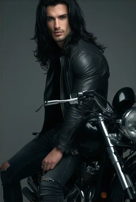 a stunning man, very handsome, long black hair, model, muscular, in a leather jacket and jeans, on a motorcycle, hyper realistic, high detailed, 8 k, photography