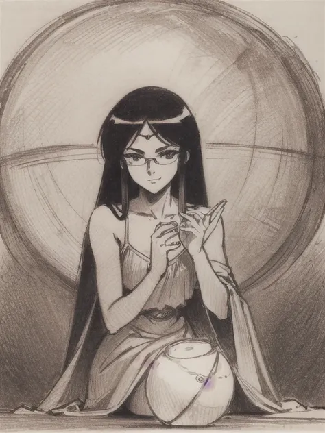 Black and White, ((sepia)), ((pencil drawing )), ((  Masterpiece , Best Quality)), (( 1 girl )), Anime,  black hair, Dark Skin, Shiny glasses lenses,  sitting, She holds a glowing sphere in her hand.、Two other glowing spheres orbit her..