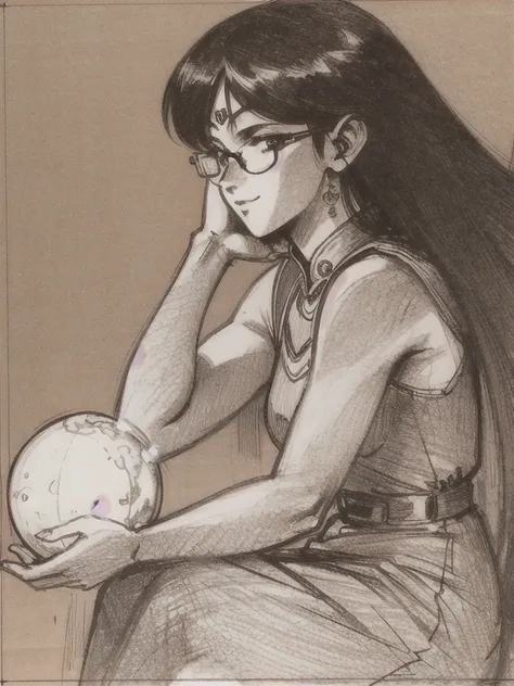 Black and White, ((sepia)), ((pencil drawing )), ((  Masterpiece , Best Quality)), (( 1 girl )), Anime,  black hair, Dark Skin, Shiny glasses lenses,  sitting, She holds a glowing sphere in her hand.、Two other glowing spheres orbit her..