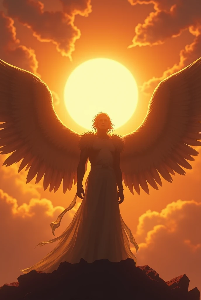 A fallen angel, his wings stretched out to the sides. The suns glowing behind him 