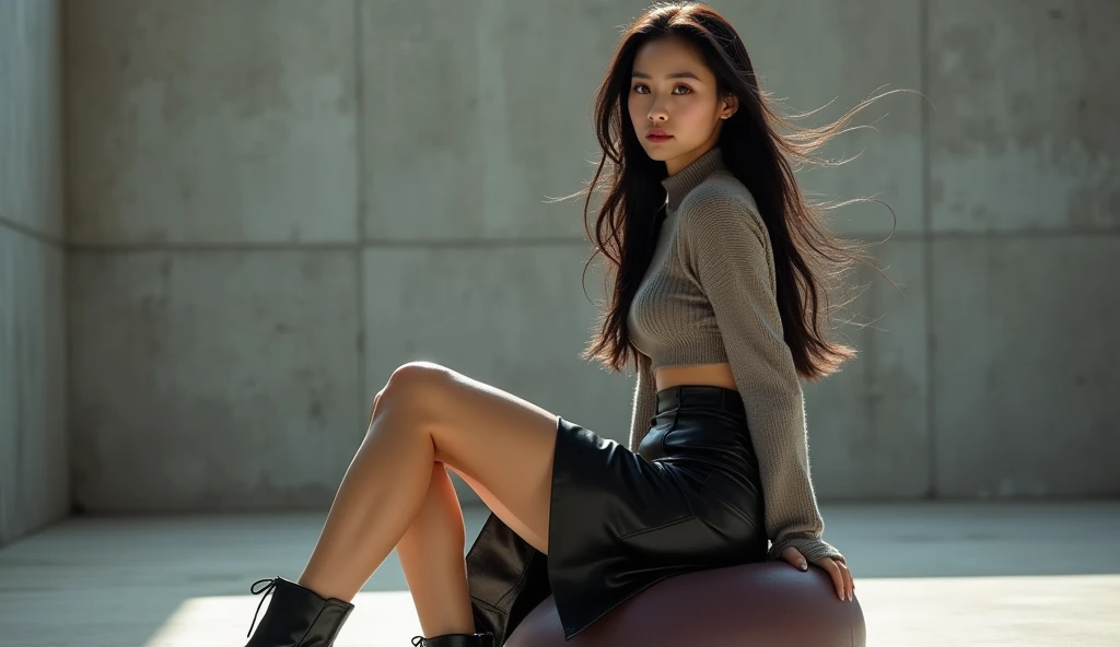  Japanese woman sits on a modern eggplant stool 、 Dynamic long hair down to the shoulders 、Side to side scene 。 The hair color is natural black and 、 spotlights highlight hair movement 。 and she is wearing a trendy cropped sweater and leather midi skirt、 U...