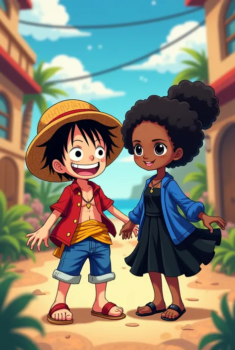  Luffy from one piece as a  with a dark-skinned girl with afro hair and a little fringe on her forehead ,  she has slightly big eyes and wears black lenses ,  She has thin lips ,  she is not that thin and wears a black dress with a bolero at the bottom and...