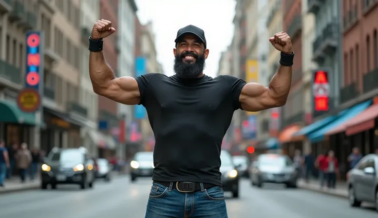 1 ((Rugged, muscular man)), 35 years old, of European descent, standing in the middle of a busy boulevard with his arms raised high, as if celebrating or feeling victorious. He wears blue jeans, black military boots, a plain black t-shirt, and a baseball c...