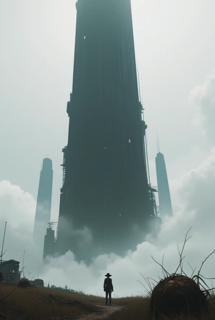 masterpiece,  top quality,  High Definition CG Unity 8k Wallpaper , An inorganic tower made of dark matter towering in the middle of the wilderness,I cant see the ceiling , A tower made of dark matter that can be seen faintly in fog , Gunman wearing a Bors...