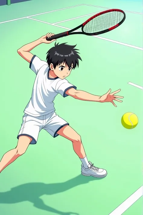 Create an anime-style image , Of a boy hitting a beige ball that comes halfway