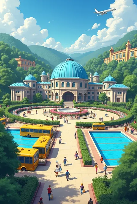 School with sports domes, buses, motorcycles, rainbow-colored pools, flower gardens, there are castles, princesses, students are fairies, there are whales, sharks, there are doremons, there are unicorns, there are golden buildings, there are planes, there ...