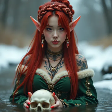 8k: hyper realistic: a stunning Korean woman with very long crimson red hair updo with a braid wrap around: dark brown eyes: weld ears: tattoos and jewelry: wearing a ripped elf costume plus a Christmas hat: holding a skeleton head in her hands: sitting in...