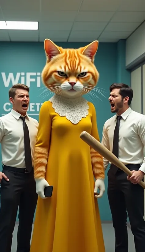 In cinematic 3D style, HD image, colourful image, realistic image,
Character, Lina big Orange cat wearing yellow women long dress.There is a white net on the neck and below
Action,Two men are standing inside the Wi-Fi office, wearing a white shirt, black t...