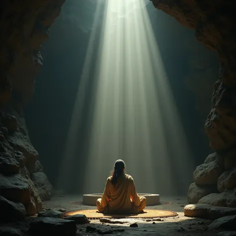 An ancient sage meditating near a sacred Shivling inside a dimly lit cave, with rays of divine light falling on him, creating a mystical and spiritual ambiance." Indian realistick character 4k 