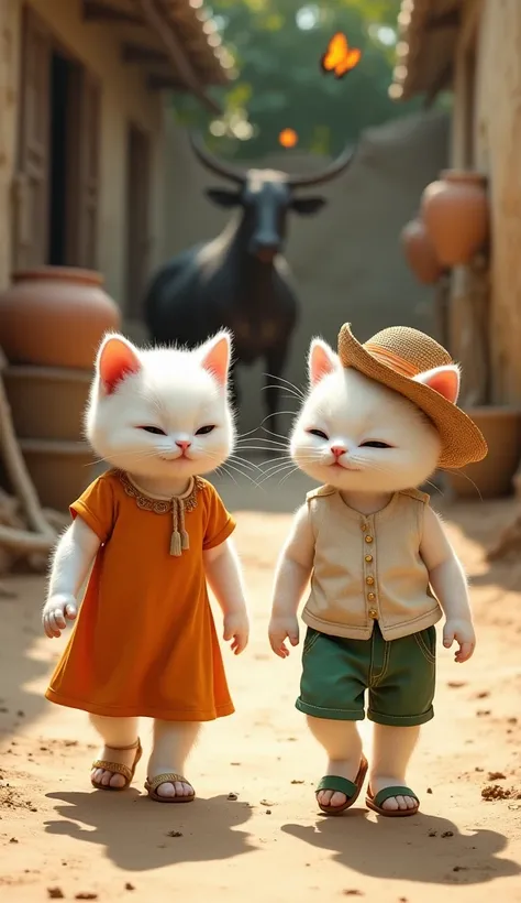 Baby Cats Playing in a Village Courtyard
Two white baby cats upright walking around a sunny courtyard in the village. One wears a simple orange frock with sandals, while the other sports green shorts with a white vest and a woven hat. Their faces have fain...