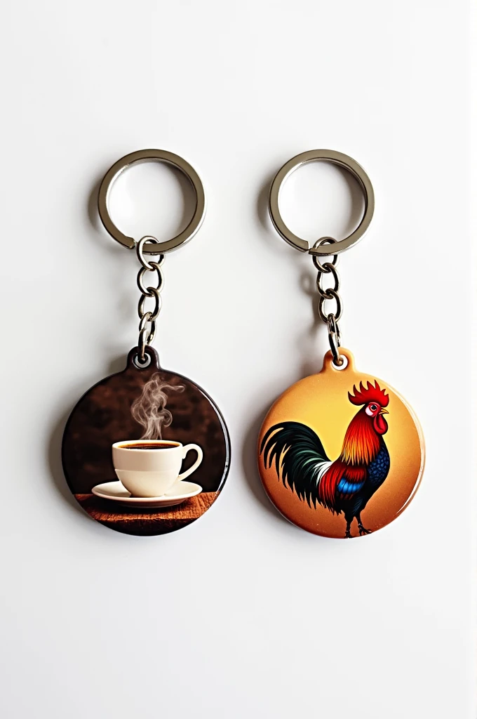 Circular resin keyrings with images of coffee and a rock cock on a white background