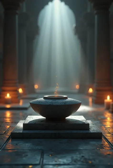 A serene, close-up view of the Shivling inside the temple, with soft glowing light around it and text overlay saying, क्या यह चमत्कार है?"