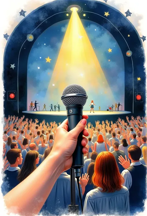                 close-up , only a womans hand holds a studio microphone in front of the huge spotlight stage and a full hall of people applaud, Painting (medium),          ,One,        A star                (sky),               A star                (symbo...