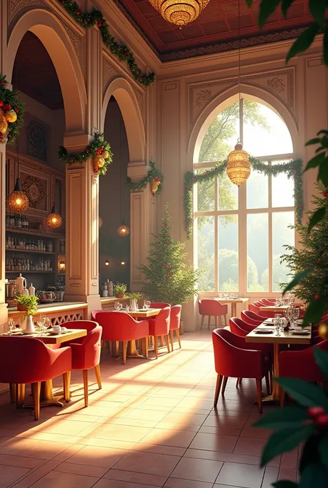 Christmas themed spacious cafe interiors india without people 
