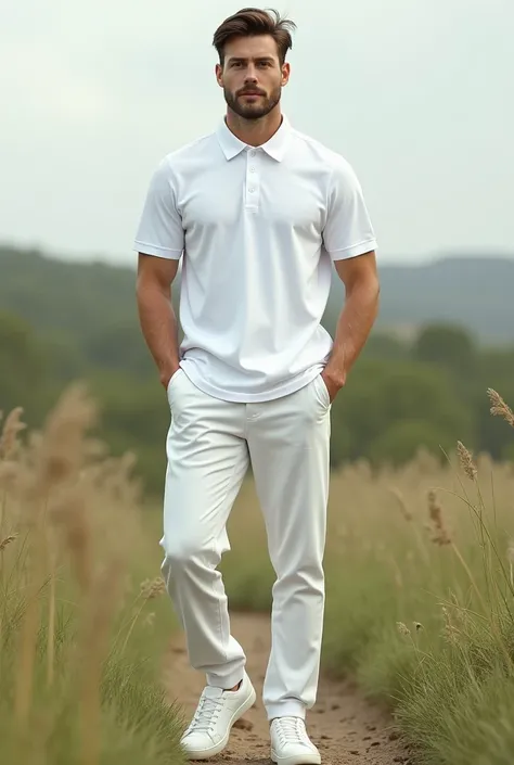 That it is in white like the previous image white polo white pants that you can see the white shoes with a natural background