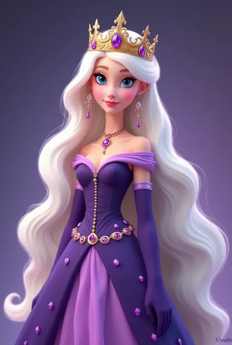 Woman with long, full white hair with blue eyes purple dress studded with purple stones with a crown studded with purple stones princess style from Disney Pixar style expensive dress worthy of a queen 