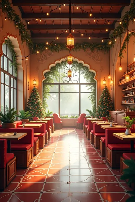 Christmas themed spacious cafe interiors india without people 
