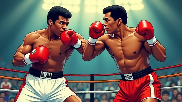 Muhammad Ali boxing Sonny Liston, cartoon style