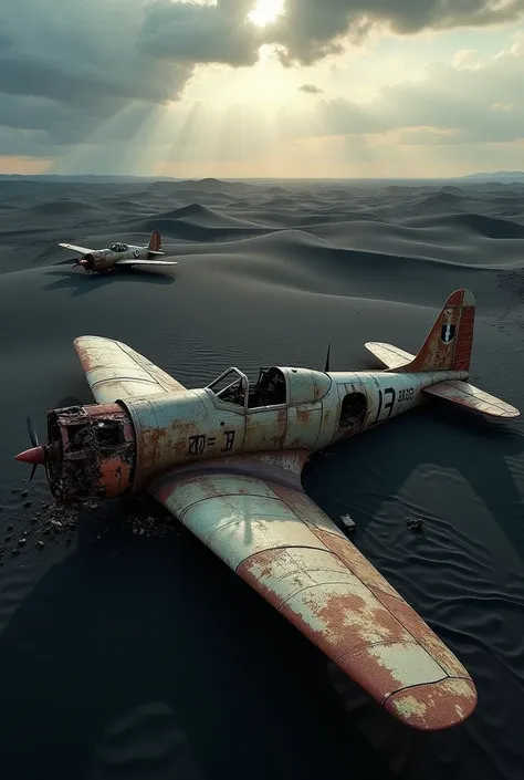 Create a hyperrealistic photo of a WWII aircraft, completely destroyed and rusted, resting in the middle of a black sand desert. The aerial view captures the plane from above, showing its weathered fuselage with barely visible identification numbers and fa...