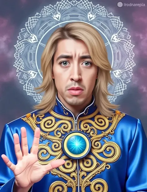 An ethereal, otherworldly male figure with long, golden-blonde hair and glowing icy blue eyes, standing in a celestial realm of intricate sacred geometry and radiant light. His face is regal, symmetrical, and youthful with strong cheekbones and a serious e...