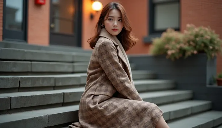  A Japanese woman sits on a chic staircase in the city 、 Her gentle medium wave hair that hangs softly over her shoulders scenes。 Her hair color is cinnamon brown 、 natural light gives her hair a warm shine 。 she wears a trendy plaid long coat 、 Winter cla...