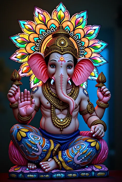 masterpiece, best quality), 8K,(((Very detailed))), Race:1.8,Super intricate Race pattern,colorful Race pattern,Stained glass background transparent body, Mandala,Light Up,cold, 1 god Ganesh,Open back,(curls,Blonde),