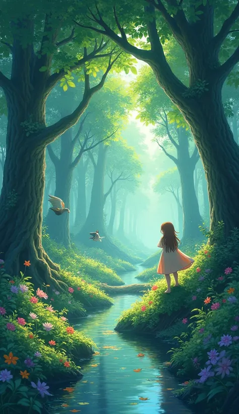 Viral anime nature wallpaper in 4K quality, in the style of digital illustration inspired by Hayao Miyazaki, featuring a serene forest with towering ancient trees, dappled sunlight filtering through the leaves, a gentle stream flowing through the scene, an...