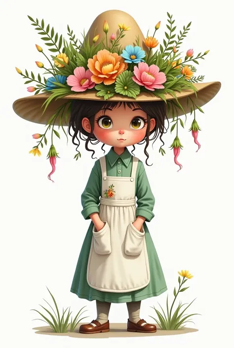 Drawing of a botanist wearing a hat full of flowers and leaves that is not realistic with a white apron or this one in front 