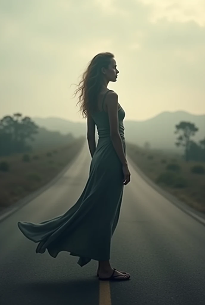 Create a image "A strong women standing alone in long road"