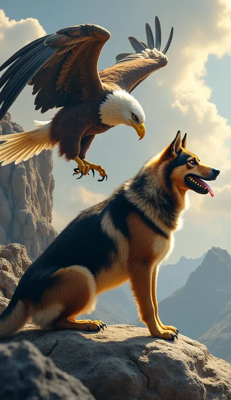 In this scene, the Dog and the Eagle stand separately, their distinctive forms clearly visible without any merging. The Dog, with its muscular build and fur-textured body, exudes strength and loyalty, while the Eagle, with its broad wings and sharp, regal ...