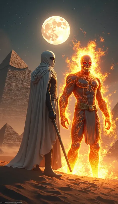 i want to see moon knight marvel super hero character become super hero character ghost rider near pyramids