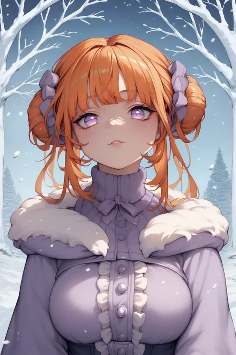 score_9, score_8_up, score_7_up, high resolution, 1girl, looking at viewer, beautiful face, detailed pupils, orange hair, triple bun, fringed bangs, light purple eyes, breasts, winter outfit, winter