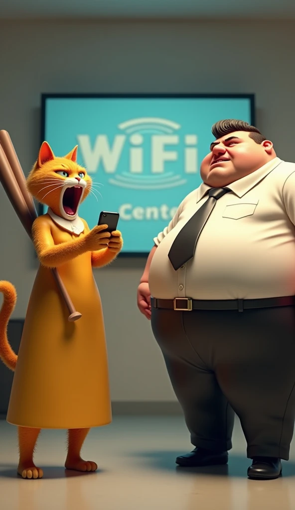 In cinematic 3D style, HD image, colourful image, realistic image,
Character, Lina big Orange cat wearing yellow women long dress.There is a white net on the neck and below
Action,one faty men are standing inside the Wi-Fi office, wearing a white shirt, bl...