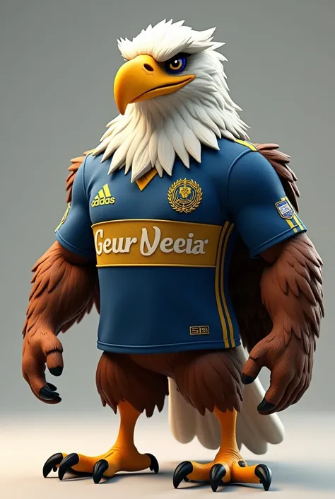 "Create a 3D cartoon eagle with a powerful and majestic stance, wearing the official Club América football uniform. The eagle should have impressive, detailed feathers with shades of brown and white, showcasing its muscular build and fierce expression. Its...