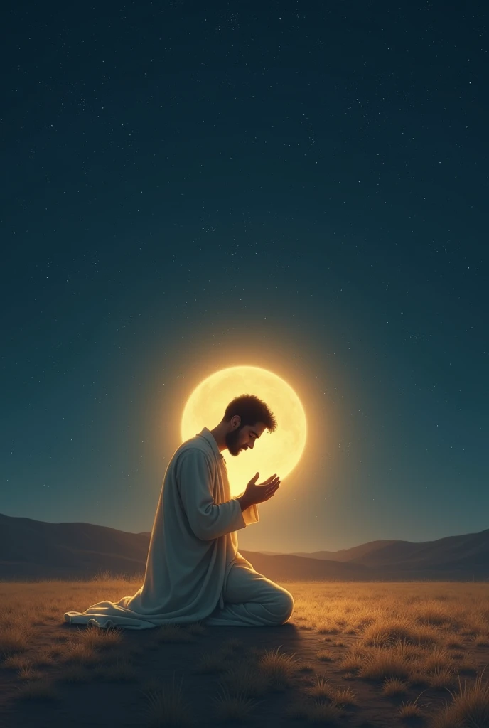 A serene and spiritual scene of a person, perhaps the boy now grown up, praying under an open night sky with gratitude. A golden light surrounds him, showing peace and thankfulness to Allah.