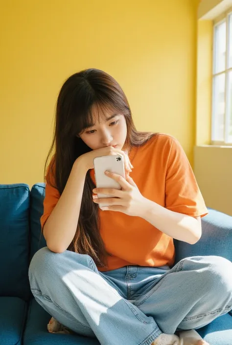 young Asian woman with long hair wearing orange T-shirt and light blue denim sitting cross-legged on a blue sofa in a minimalist open space living room in the house with yellow wall ,hand holding smartphone on thigh and a sad expression and looked at the c...