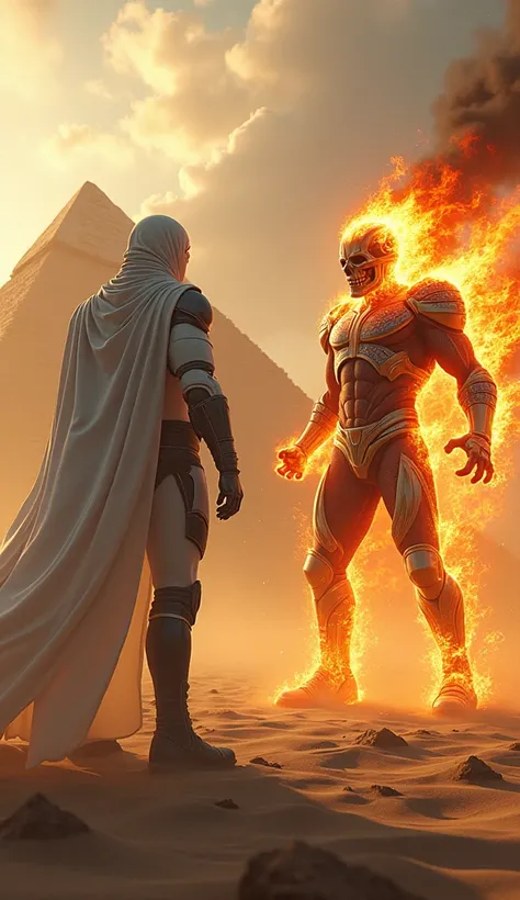 i want to see moon knight super hero character become super hero character ghost rider near pyramids in egypt