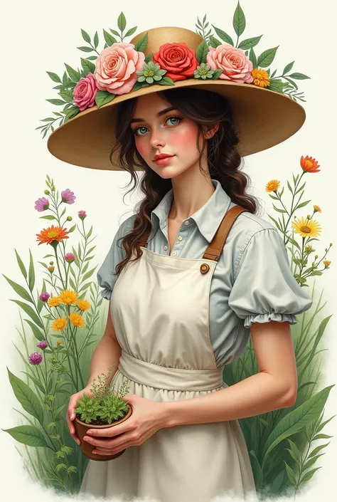 Drawing of a botanist wearing a hat full of flowers and leaves wearing a white apron and looking straight ahead 