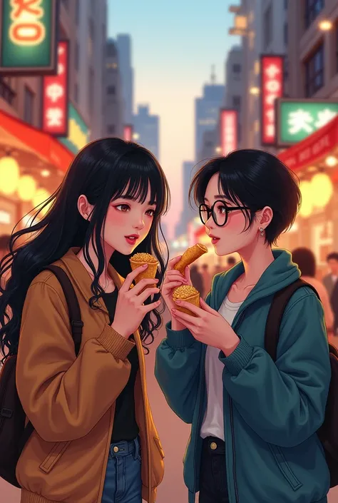 two young Korean women, enjoying street food while traveling, one with long black hair and casual outfit, the other with short hair, wearing glasses and a trendy jacket, vibrant city street setting, warm and cheerful atmosphere, detailed expressions, reali...