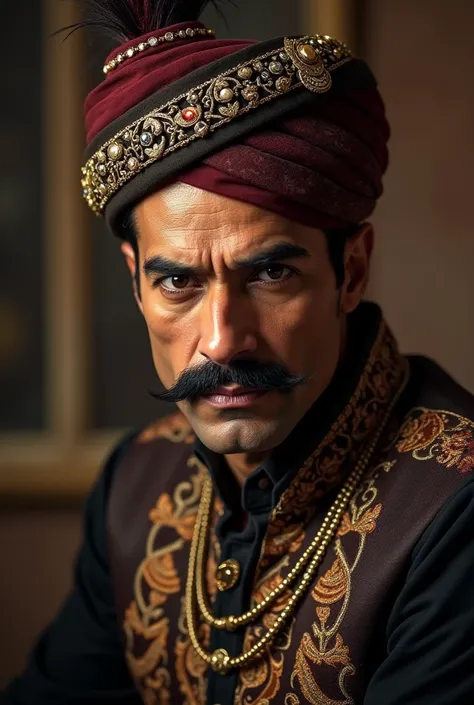 A cunning, sharp-faced man in his 50s with a thin mustache, slicked-back black hair, and calculating eyes.
Outfit: Rich, dark-colored sherwani with a jeweled turban.