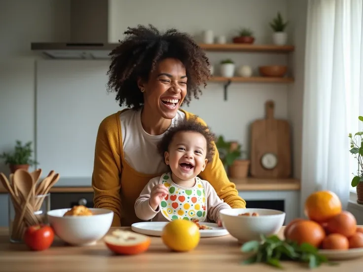  A funny Brazilian woman showing extreme happiness,  surrounded by utensils and ingredients and bowls with baby food ,  in a modern kitchen with minimalist design and a large window illuminating the environment,  baby in the feeding chair with colorful bib...