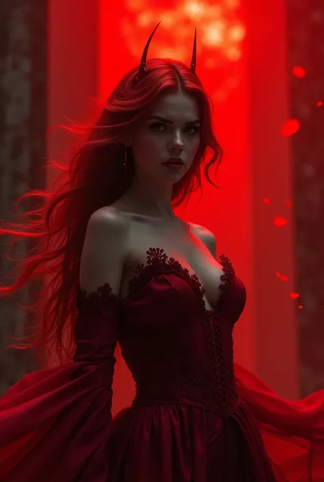 Create a Queen  , young and beautiful ,  long red hair  ,  red eyes ,   red dress ,   she has firepower  ,  her kingdom is dark ,  Red sky,   she has her eyes and laughter villain-style  , with her impeccable beauty ,   she shows from the bottom up , Do it...