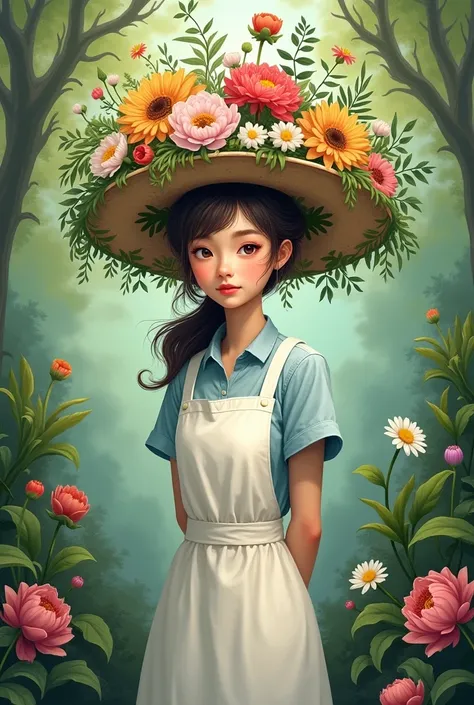 Drawing of a botanist wearing a hat full of flowers and leaves that doesnt look realistic wearing a white apron and looking straight ahead 