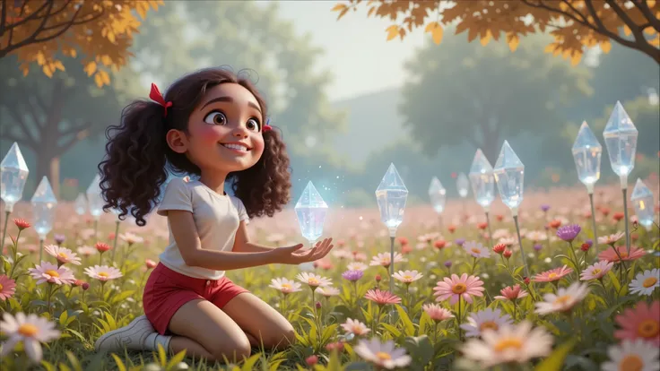 Alice kneels in the field of flowers with a tranquil smile, planting magical seeds that quickly grow into crystal trees. Her eyes reflect the glow of the surrounding flowers. Style: Inspired by films, characters, and promotional 3D posters in the Disney-Pi...