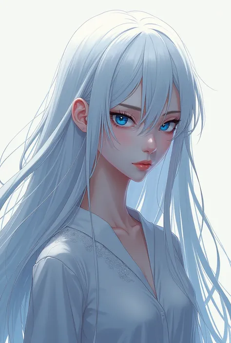 A girl with long white hair and blue eyes and one eye covered by her hair with a serious expression and with a perfect body tall and white skin anime