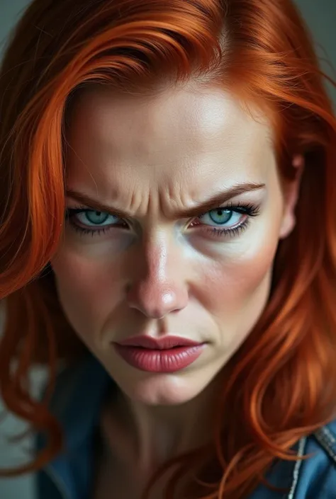 Beautiful woman of 45 years old redhead with blue eyes close up has an angry expression