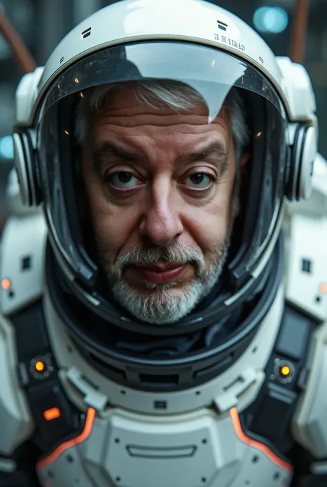 Character aged man close up very modern space suit