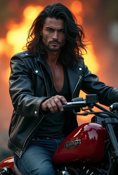 a stunning man, very handsome, long black hair, model, muscular, in a leather jacket and jeans, on a motorcycle, hyper realistic, high detailed, 8 k, photography