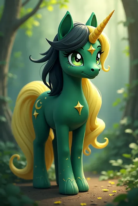  green alicorn with white spots , 2-colored eyes  ( left light green , right black )  with star pupils  ( with the same eye colors but in a different order)  black hair with light yellow  (That I combined ) Cutie Mark who is based on the goddess Artemis in...