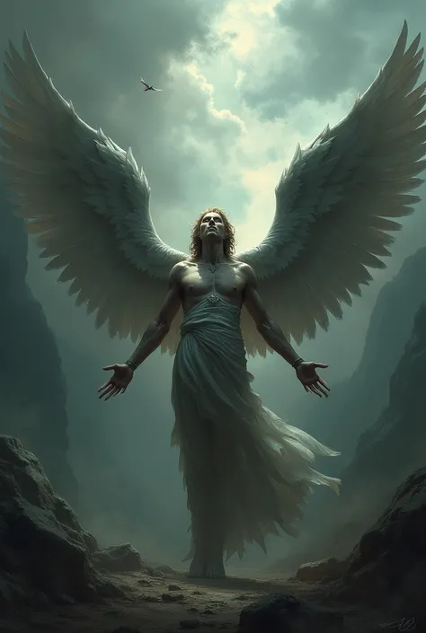 A fallen angel with his wings spread out to the sides of him. 